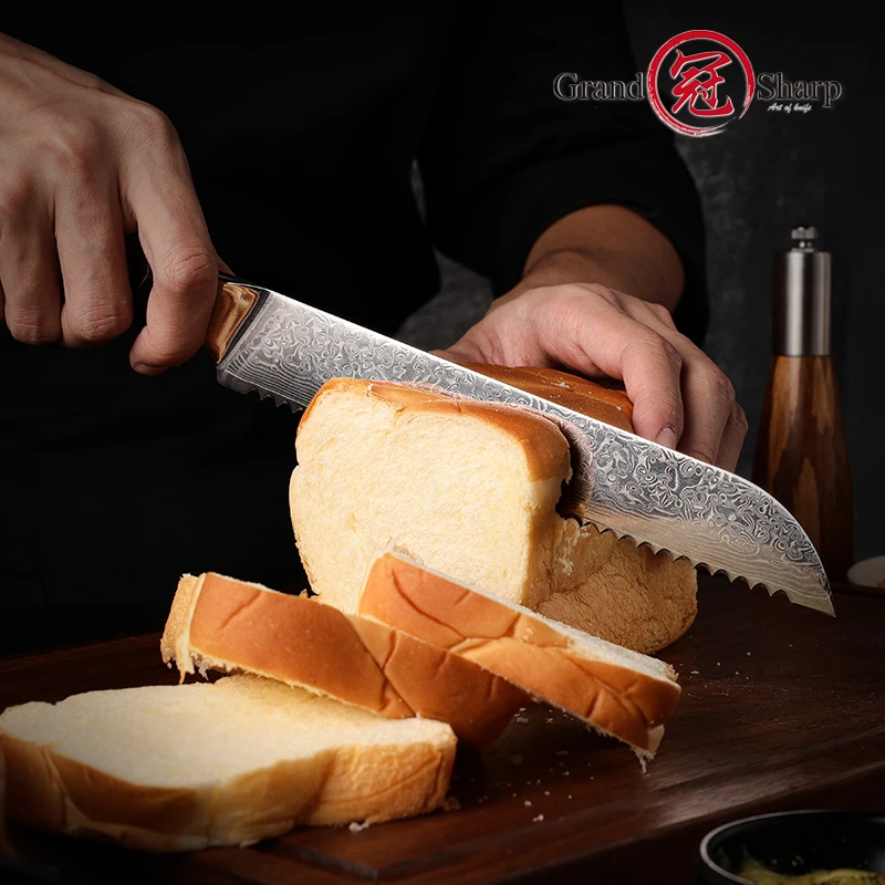 Grandsharp 8 Inch Bread Knife Professional 67 layers 10Cr15CoMov damascus steel Baking Tools Household Toast Cutting Cake Knife