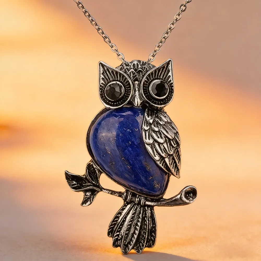 

Vintage owl-shaped natural stone single pendant, vintage animal-style healing crystal necklace for women