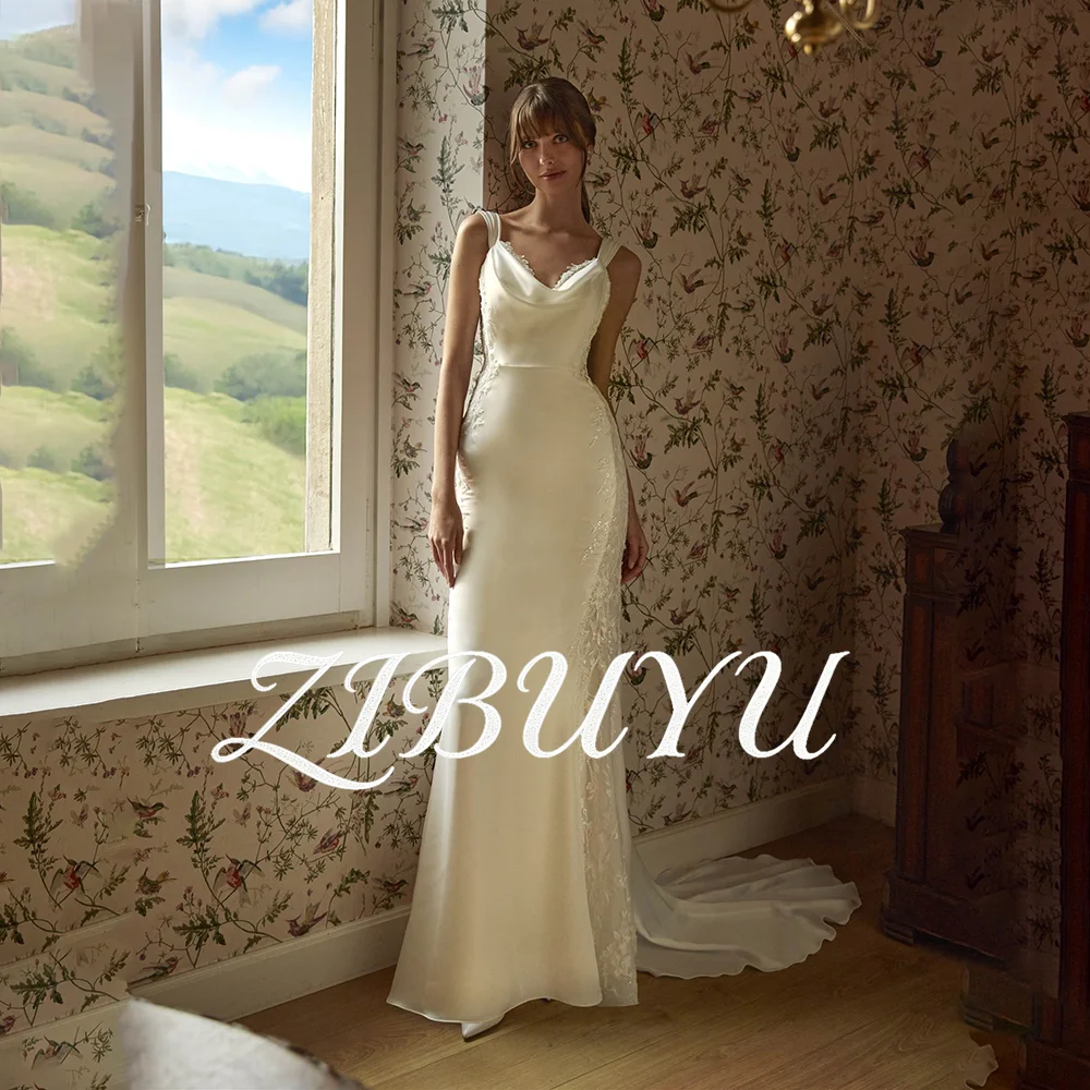 

ZIBUYU Customized Elegant Satin Wedding Dress Spaghetti Straps Sleeveless Cowl Neck Sheer Lace Appliques Mermaid Bridal Gown