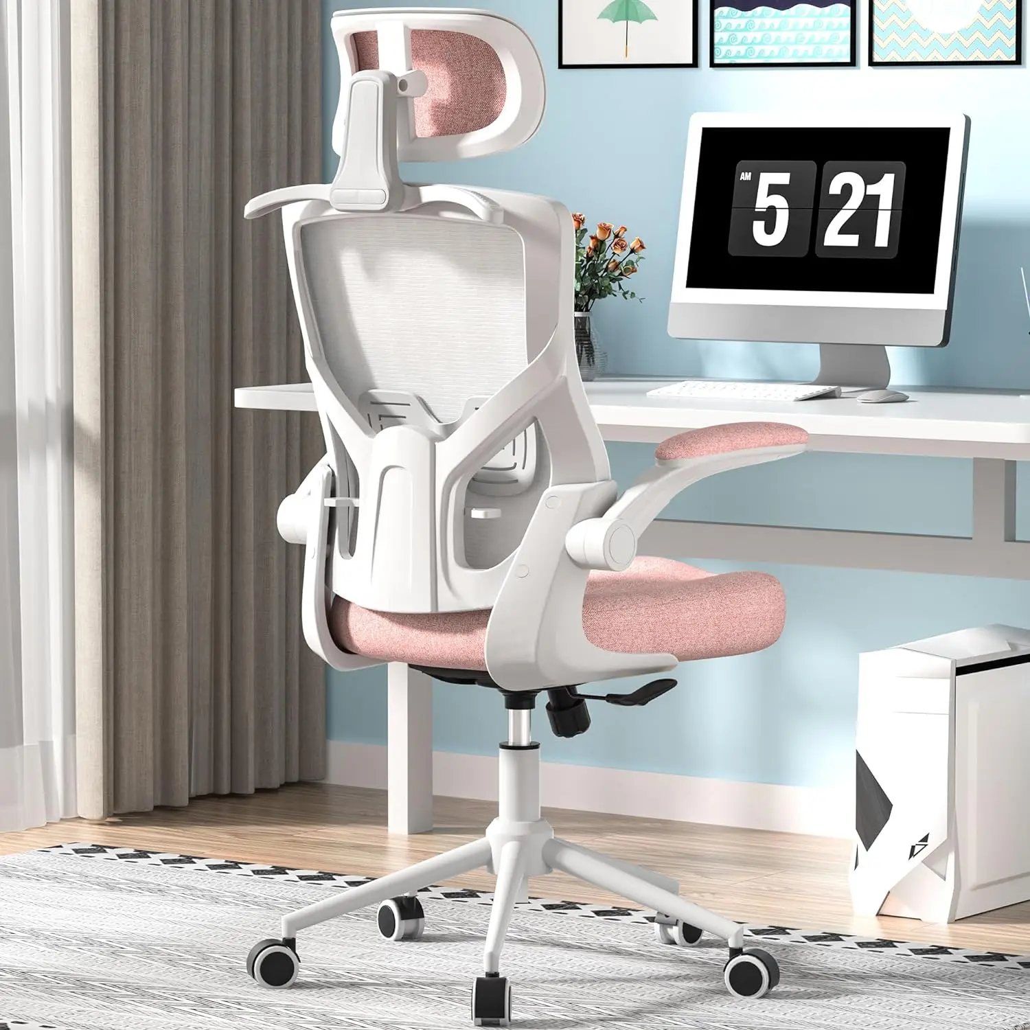 Ergonomic Office Chair High Back Mesh Desk Chair Home Computer Gaming Chair,Thick Molded Foam Cushion,Coat Hanger,Petal Pink