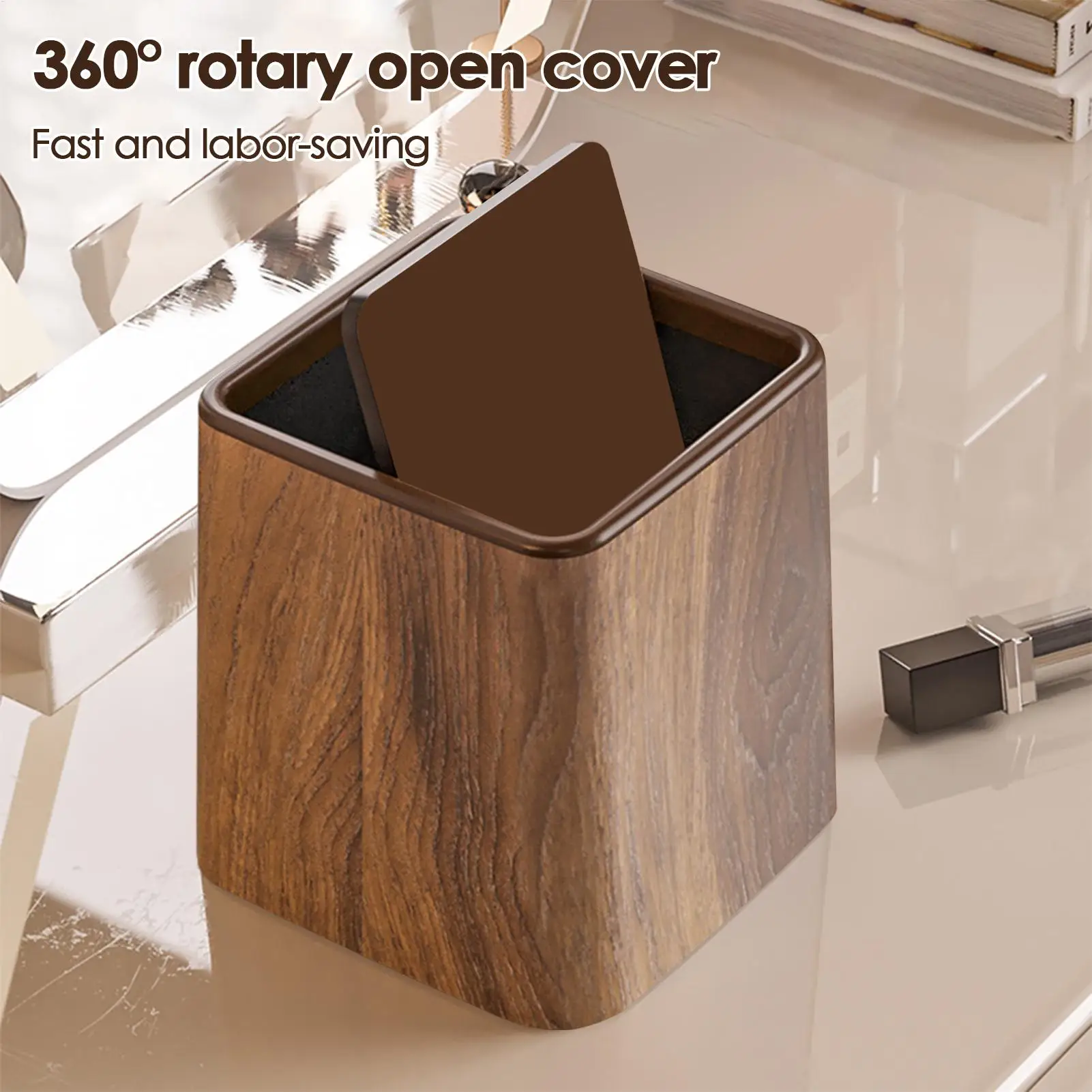 Square Wood Grain Trash Can Household Plastic Uncovered Office Bathroom Trash Can