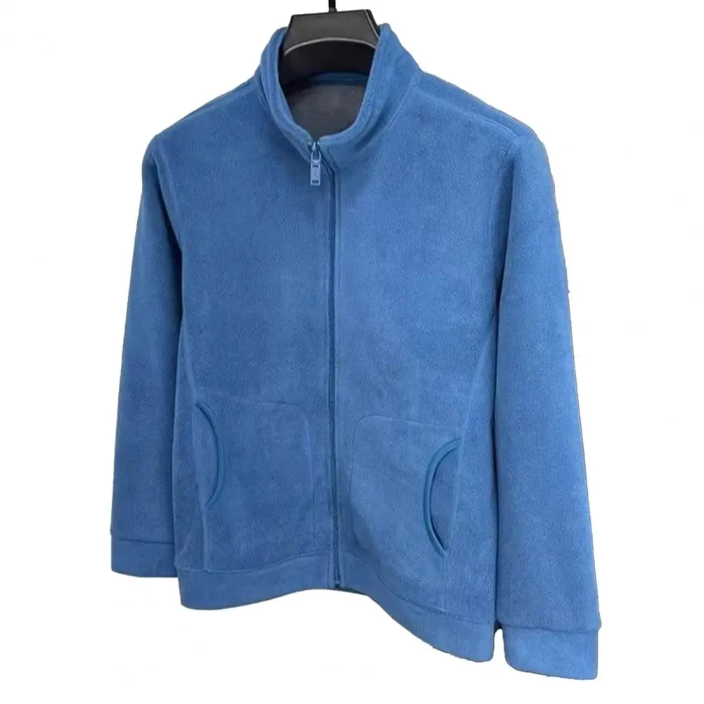 Men Coat Men's Polar Fleece Jacket with Stand-up Collar Zipper Closure Winter Coat Thickened Warm Outerwear with Pockets Long