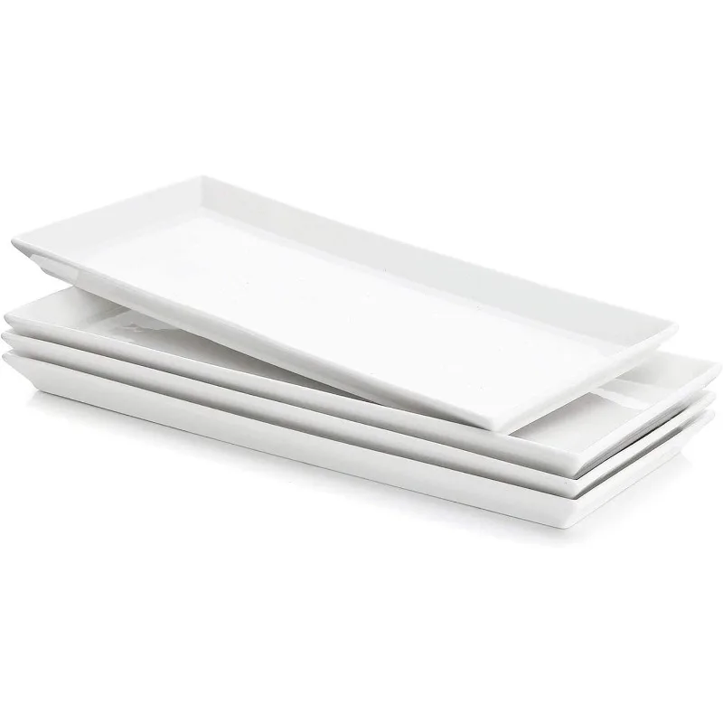 Rectangular Porcelain Platters, Serving Trays for Parties - 13.8 Inch, Set of 4, White