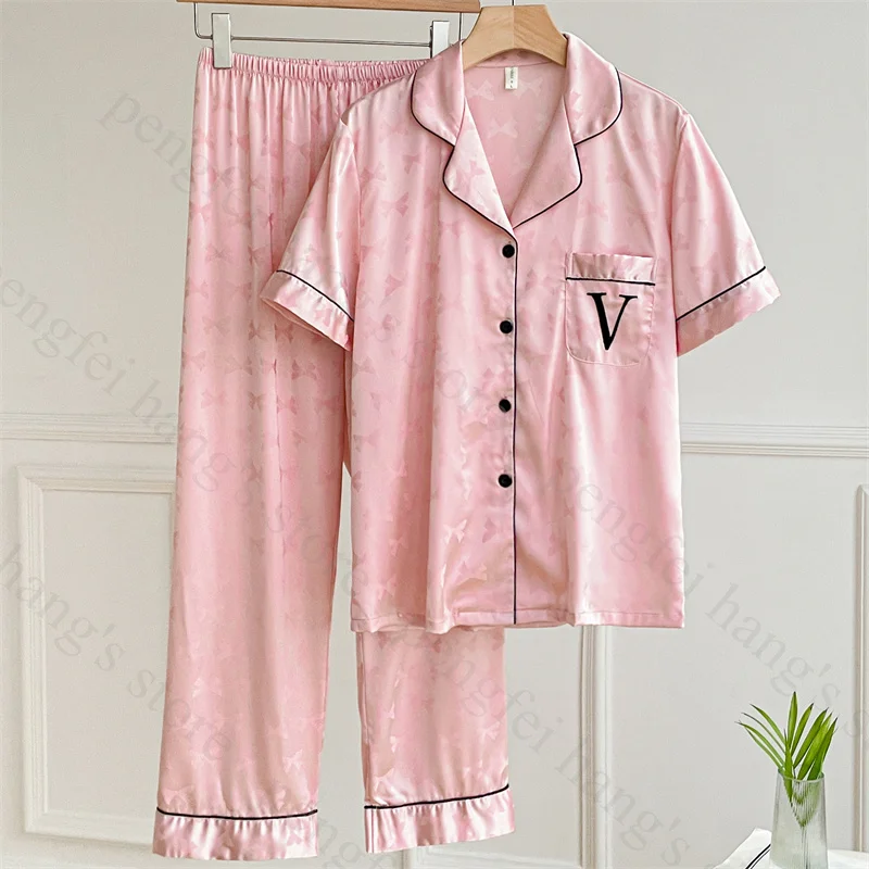 Ice Silk Pajamas Women\'s Short Sleeve Long Pants Bow Jacquard Homewear Set Lady Satin Pijamas De Mujer Sexy Sleepwear Nightwear