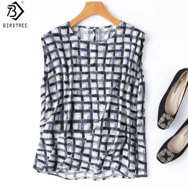 

Birdtree, 93% Silk 7% Spandex Plaid Tshirt, O-neck Raglan Sleeve Tops, Women's Double Crepe Thin Shirt, 2026 Summer New T64840JF