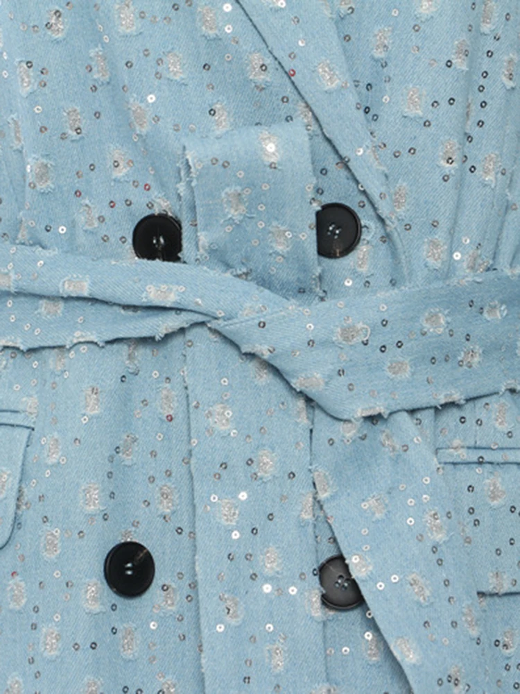 Women Jacket Blue Denim Sequins Big Size Thick Long Blazer New Lapel Long Sleeve Jacket Fashion Tide Spring Autumn New2025пиджак