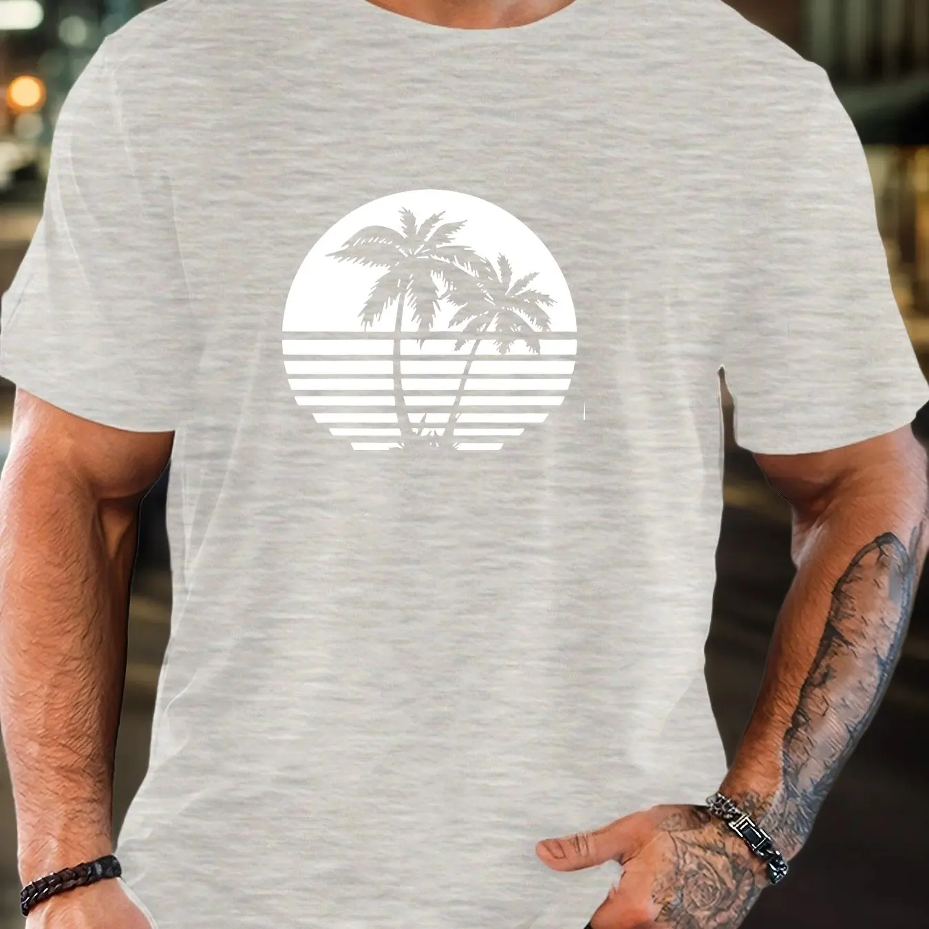 تي شيرت رجالي كاجوال بأكمام قصيرة ورقبة دائرية قابلة للتنفس مع طباعة جرافيك شجرة النخيل مناسبة للنزهات على الشاطئ #3