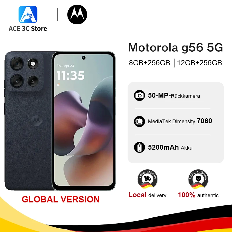 Version mondiale Lenovo moto g56 5G Motorola g56 5G MediaTek Dimensity 7060 Écran 6,72 pouces 120 Hz Appareil photo arrière 50 Mpx IP68 et IP69 Version mondiale Lenovo moto g56 5G Motorola g56 5G MediaTek Dimensity 7060 Écran 6,72 pouces 120 Hz Appareil photo arrière 50 Mpx IP68 et IP69