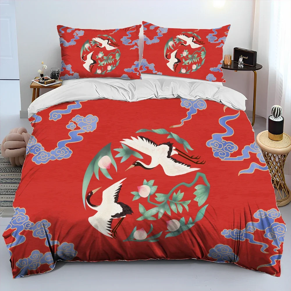 Chinese Style Red Crowned Crane Birds Comforter Bedding Set,Duvet Cover Bed Set Quilt Cover Pillowcase,Queen Bedding Set Adult