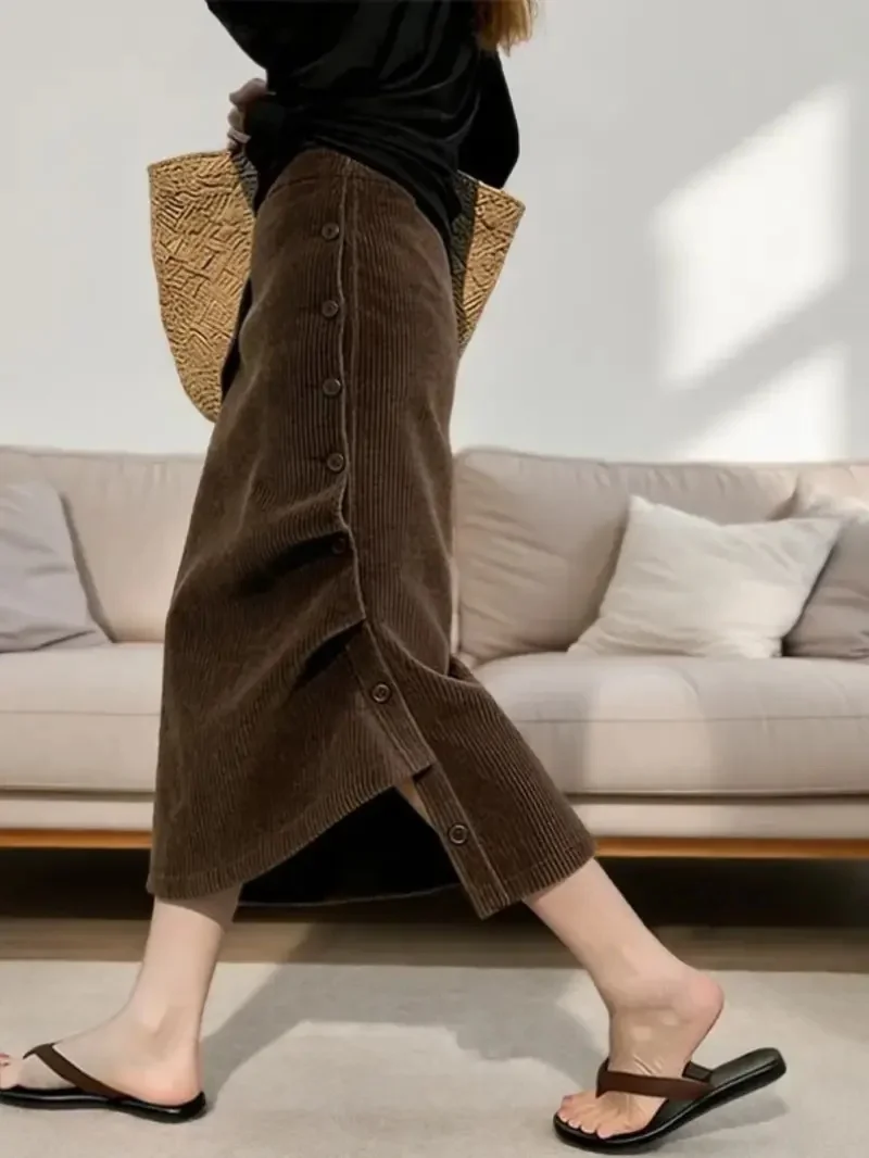 New Fashion Autumn Corduroy Skirt Women Elegant Brown Irregular Striped High Waist Side Single Breasted Slim Skirts Jupe