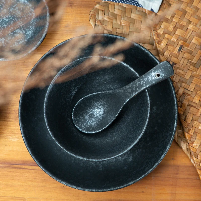 Japanese Black Porcelain Dinner Plate Tableware Rice Soup Noodles Bowl Cup Fish Plate Stewed Egg Bowl Bowl