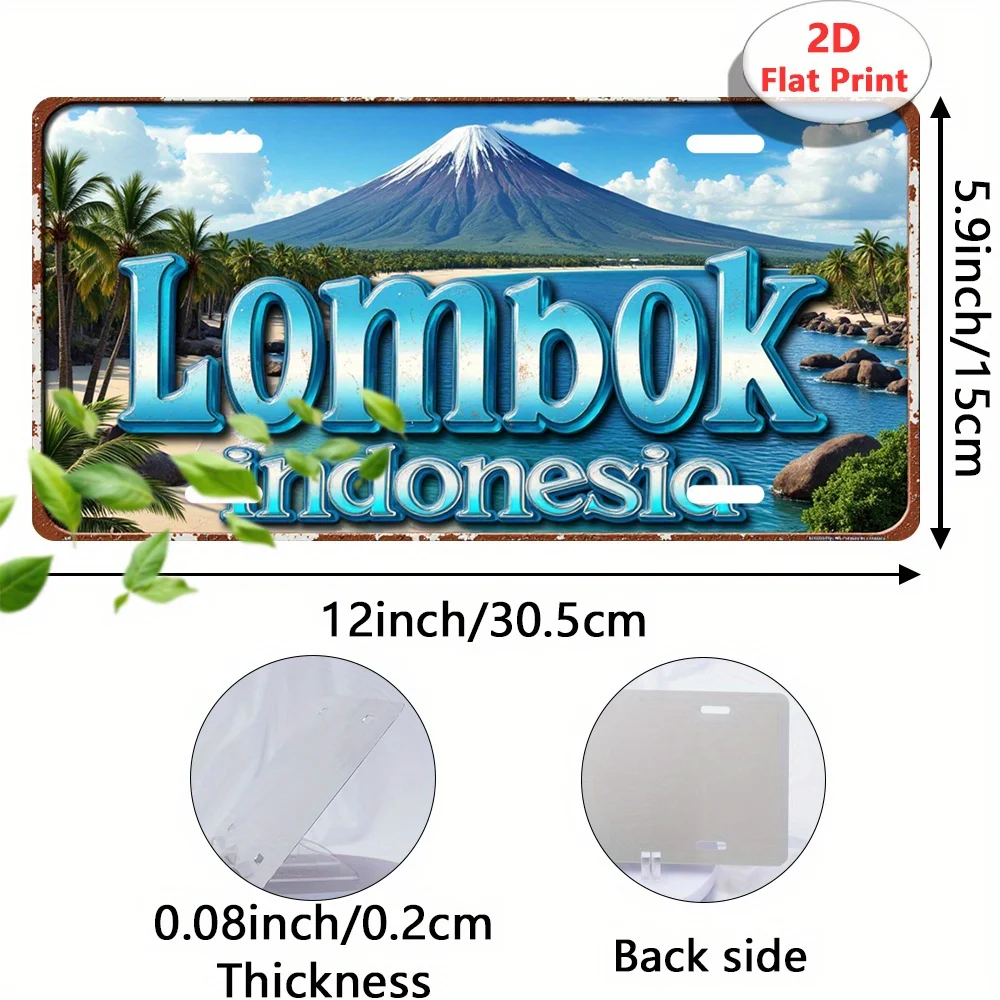 2D Flat, 30.48x14.99cm Piece Vintage Indonesian License Plate- Lombok and Bali- Nostalgic Metal Wall Decoration, Travel Souvenir