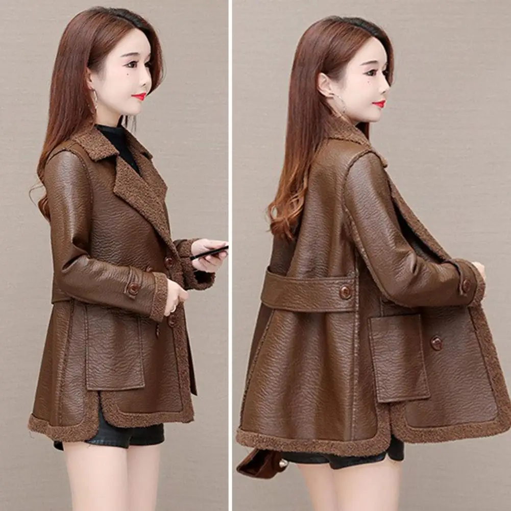 

Artificial Leather Coat Stylish Reversible Fleece Jacket with Faux Leather Patchwork Plus Size Overcoat for Women