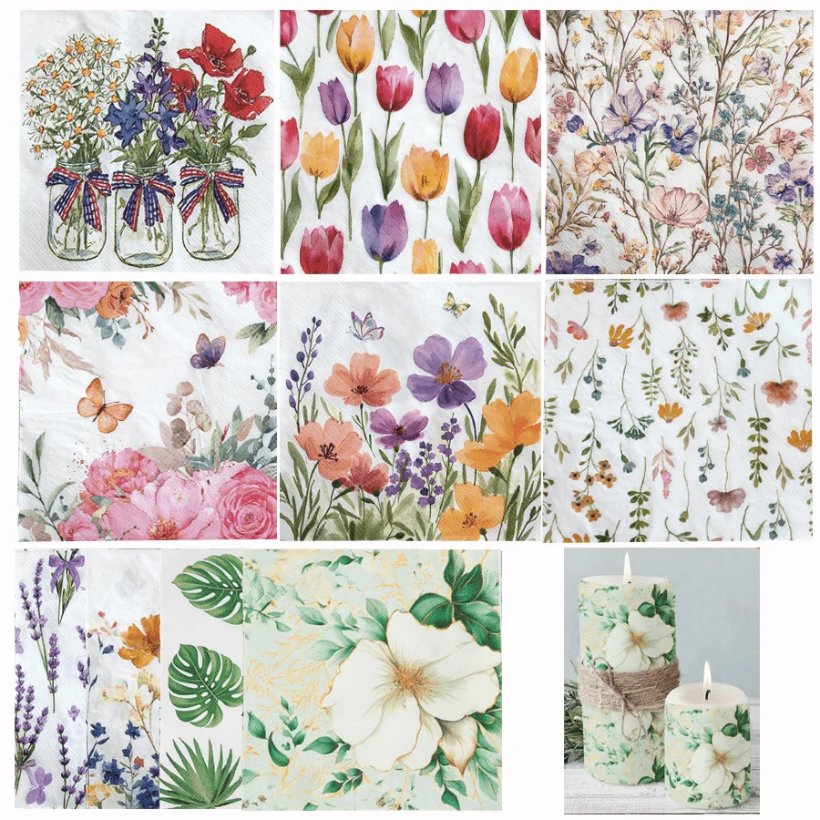 Serviettes en papier imprimées de fleurs, 20 pièces, serviettes jetables à fleurs vintage, tissu pour découpage, pour fête, mariage, bougie, bricolage, décoration artisanale