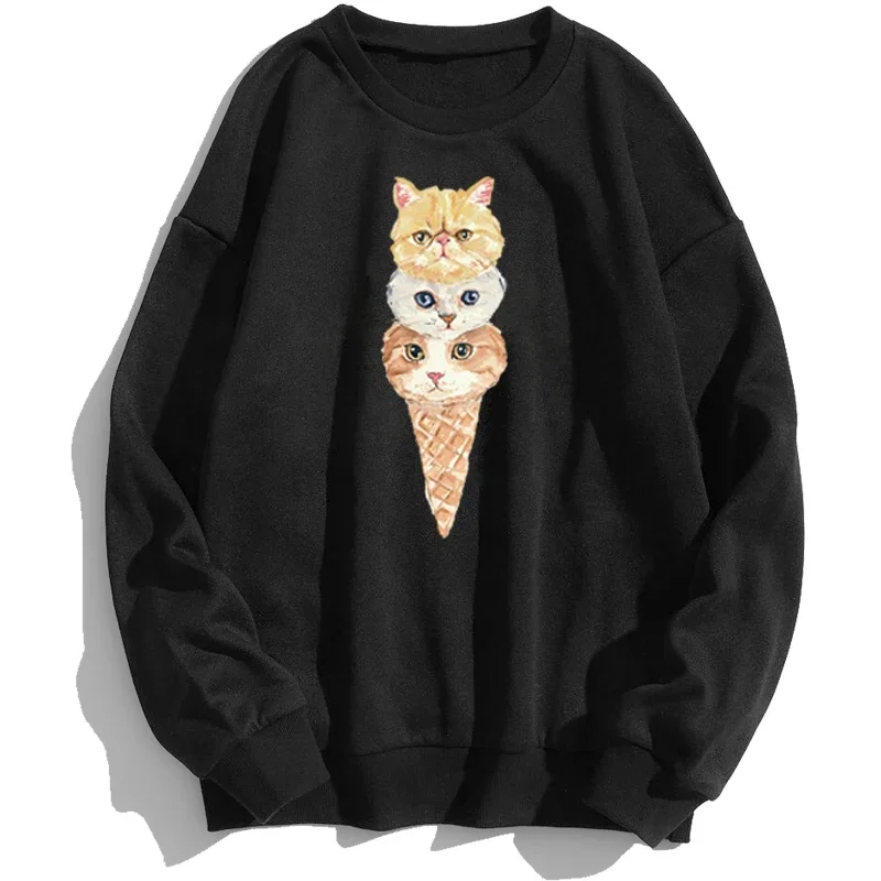 Ice Cream Cat Kittens Funny Lovely Cute Sweatshirts Men Hoodies Graphic Crewneck Autumn Pullover Man Jumper Sweatshirt