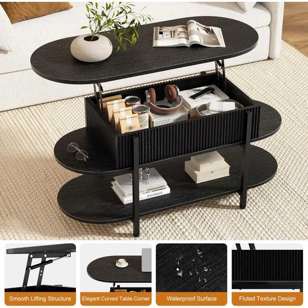 Овальный журнальный столик с подъемным верхом и рифленым деревянным центром и скрытым хранилищем, трехъярусные столы с изогнутыми краями, современный дизайн