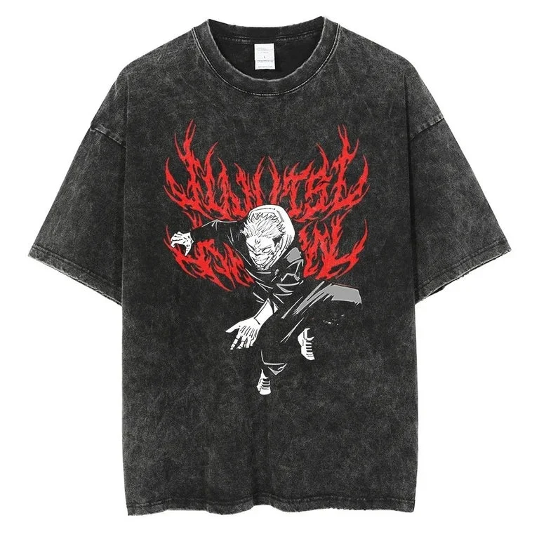 Jujutsu Kaisen Anime Pattern Printed Washed T-shirt for Men and Women Retro Oversized Casual Street Style Summer T-shirt Unisex