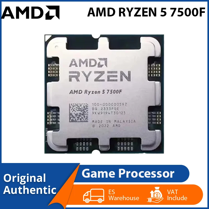 Processore AMD Ryzen 5 7500F per giochi, 6 core, 12 thread, frequenza massima di 5 GHz, cache L3 da 32 MB, tecnologia 5 nm, socket AM5, per PC desktop.