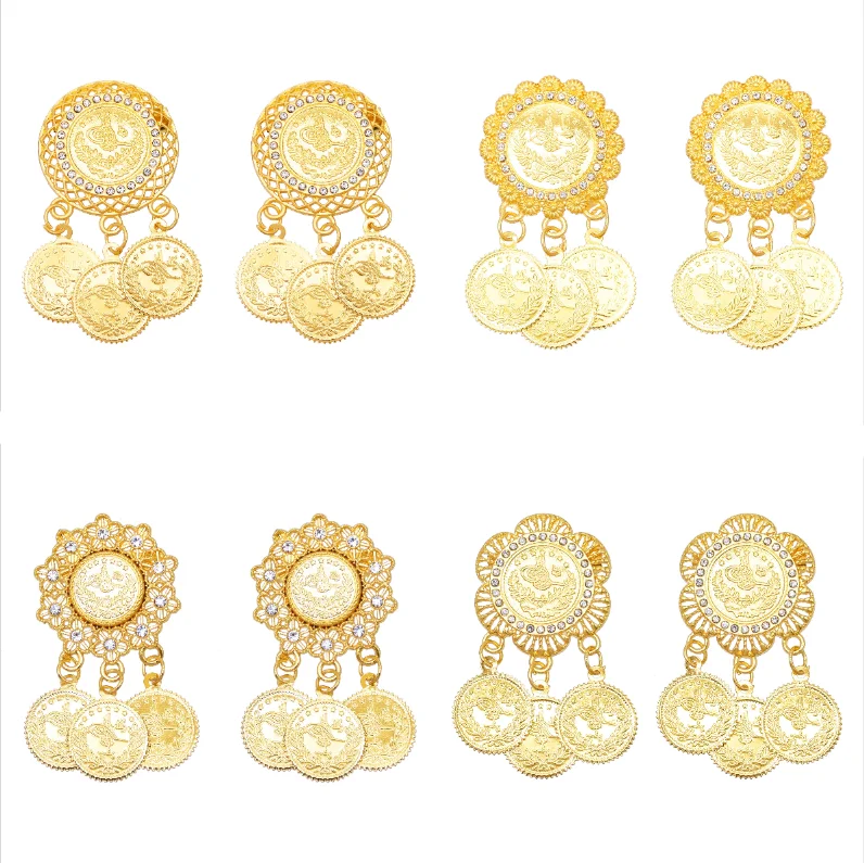 Pair Middle Eastern Kurdish-style Golden Coin Tassel Brooch Gold Plated Alloy Rhinestone Flower Brooches Women Ethnic-style