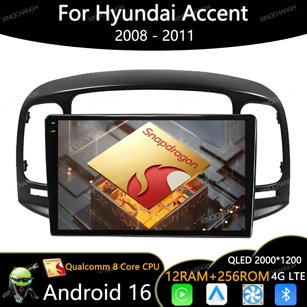 Android 16 Car Radio For Hyundai Accent 2008 2009 2010 2011 BT 2DIN 4G WIFI Qualcomm Multimedia Video Player Head Unit QLED GPS
