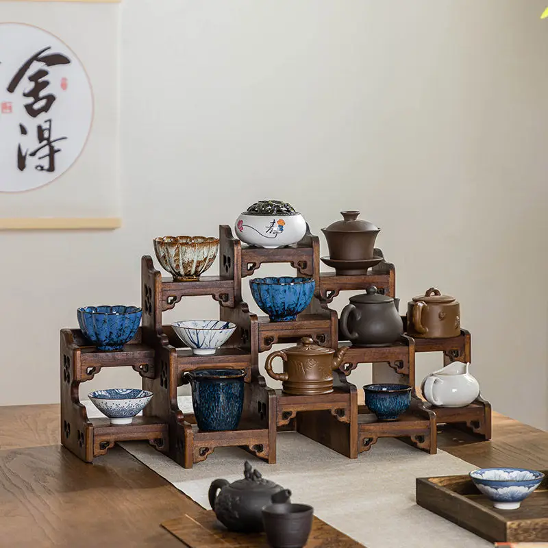 For Solid wood purple clay pot display rack, desktop small Bogu rack, Duobao Pavilion teapot display rack, retro shelf.