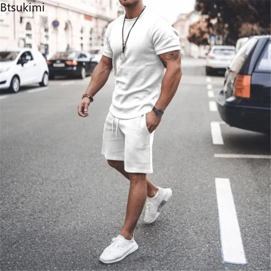 2024 Men\'s Summer 2PCS Casual Sportswear Suit Sets Solid Fitness Loose Tracksuit Sets Male Short Sleeved Shirts and Shorts Sets