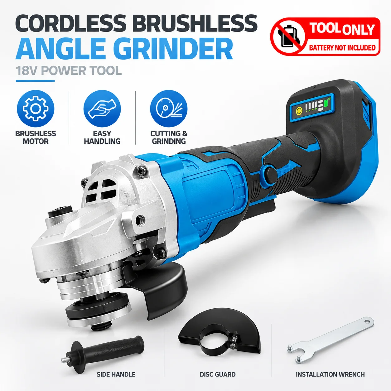 18V Cordless Brushless Angle Grinder Tool Only, Metal Cutting Grinding Polishing Power Tool for DIY Home Garage Workshop