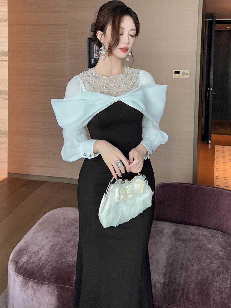Feminino elegante feestjurken dameskleding wit zwart patchwork glanzende diamanten boog holle fishtail gewaad prom vestidos fiesta