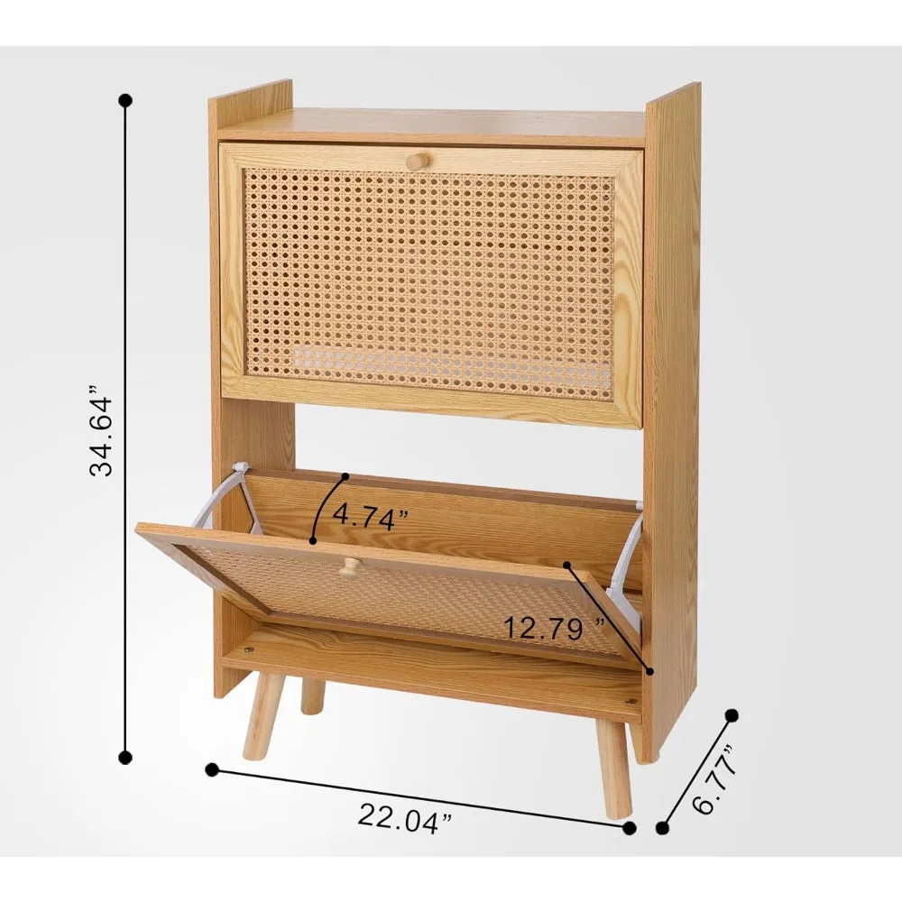 Free Standing Shoe Racks for Entryway, Wooden Shoe Rack for Door 2 Flip Drawers Rattan Shoe Organizer