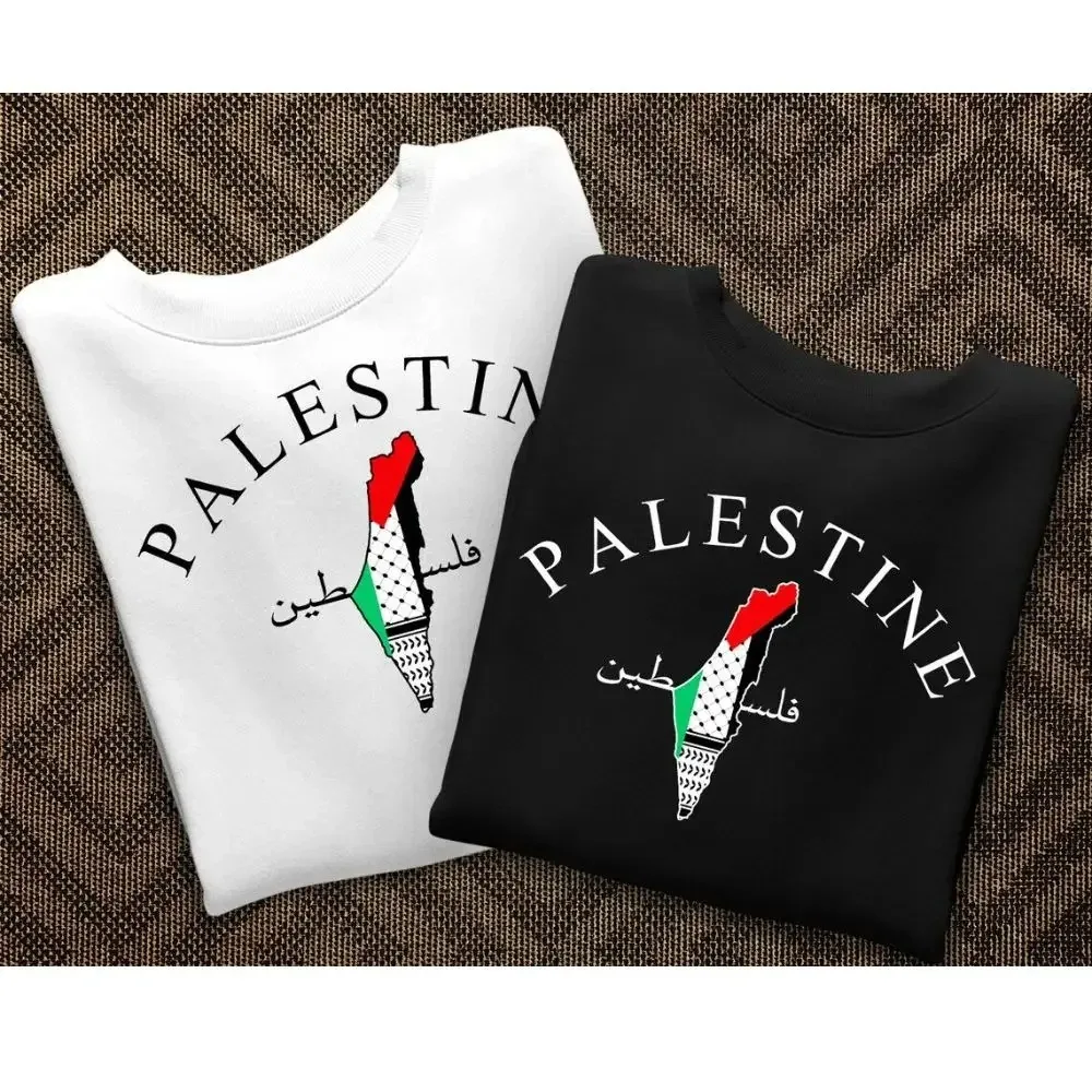 Palestine Map Cotton Sweatshirt Palestine Arabic Name Printed Long Sleeve T-Shirt Adult Pullover Crew Neck Sweatshirt