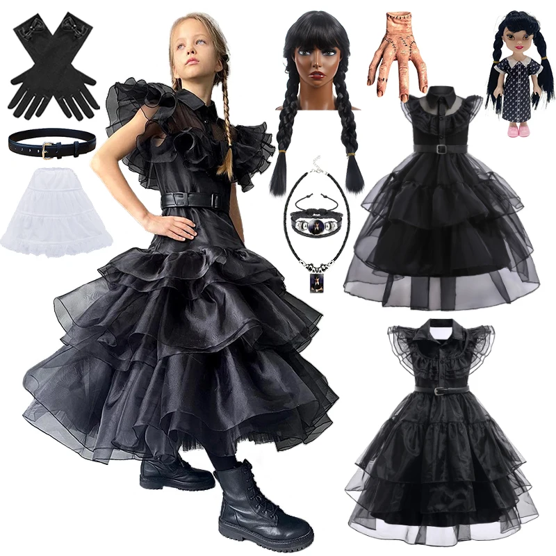 

Hot Carnival Kids Role Playing Wednesday Movie Costumes Children Cosplay Girls Masquerade Performance Layered Black Addams Dress