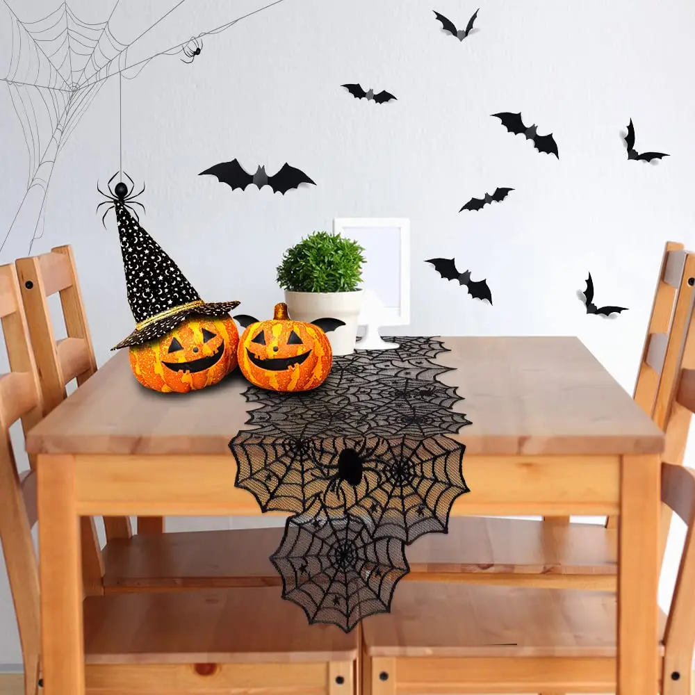 1 Stück Halloween-Dekoration, Tischläufer, Spinnennetz, schwarze Spitze, Tischläufer für Küche, Esstisch, Halloween-Dekoration für den Innenbereich – Detail 6