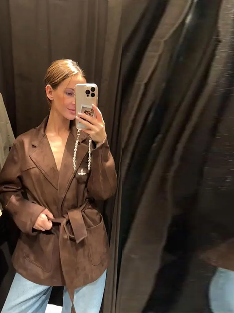 Vintage rue daim vestes femmes revers ample manches longues ceinture manteaux femme automne Chic mode solide vêtements d'extérieur dame