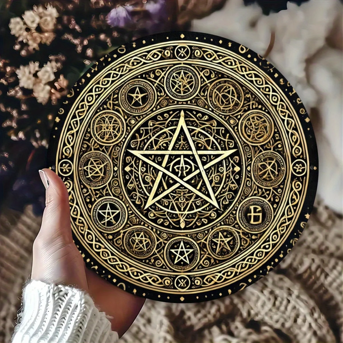 Wiccan Pentacle Wall Art Decor - 8 Inch Iron Nordic Mythology Inspired Metal Plaque for Home, Room, Cafe, Restaurant, Garage, Ba