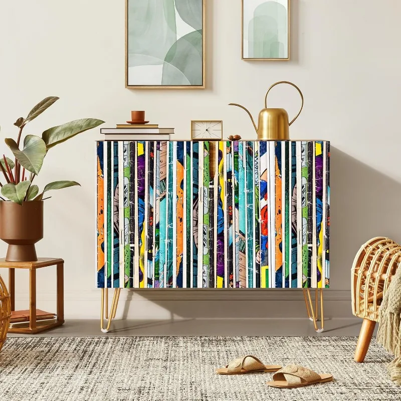 Sideboard Buffet Cabinet Colorful Vibrant Stripe Pattern, Cupboard Console Table for Dining Room - 35