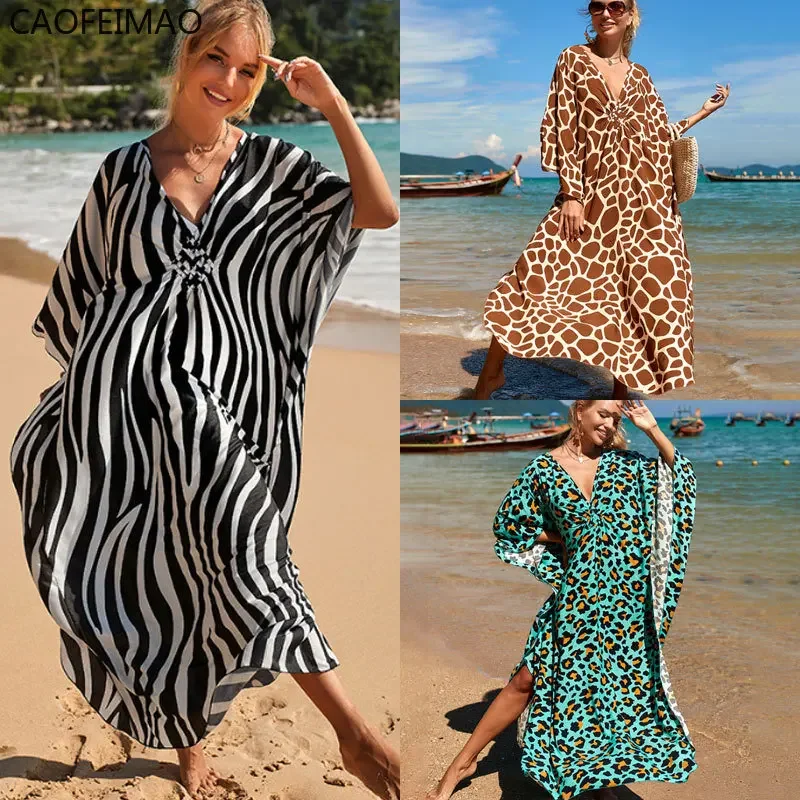 

2025 Caofeimao Sexy Zebra Printed V Neck Tunic Beach Cover Up Cover-ups Beach Dress Beach Wear Beachwear Long