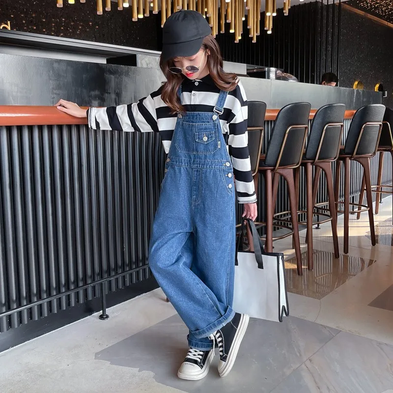 

New Fashion Girls Overall Kids Denim Jumpsuit Children Overalls Jeans Spring Fall Jeans Pants Cowboy Pockets Outwears 5-15Years