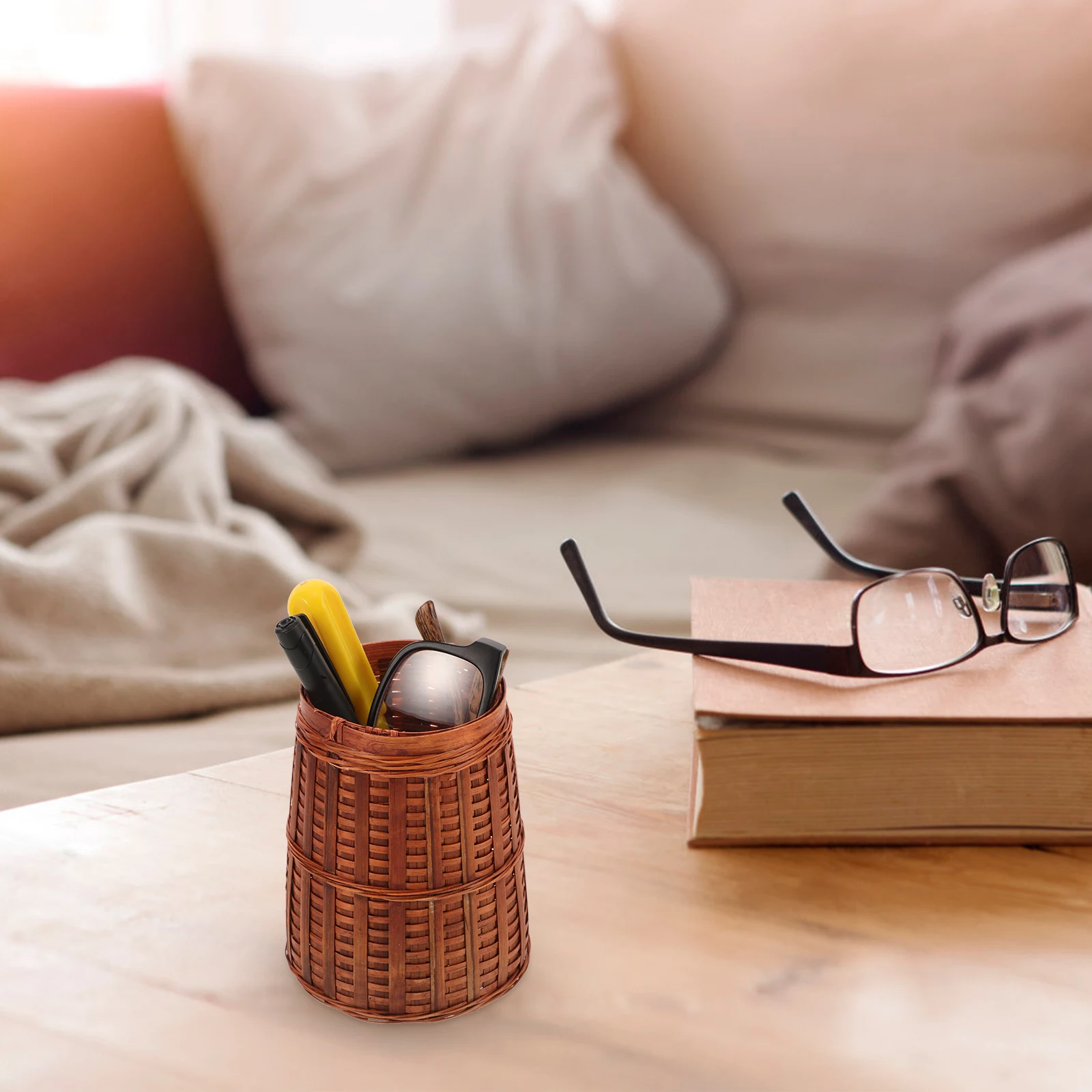 

Bamboo Pen Holder Desktop Organizer for Wicker Pencil Storage Men Light Brown Stand Office