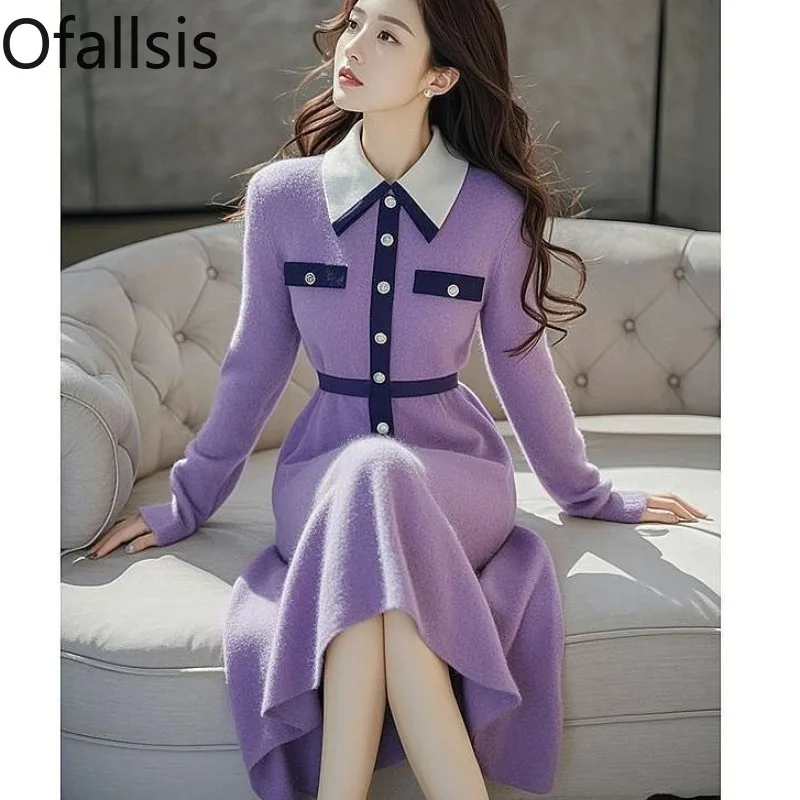 Ofallsis French Style Small Fragrant Style Waist Cinched Yellow Sweater Dress 2024 Winter Thick Inner Layer Bottom Long Dresses