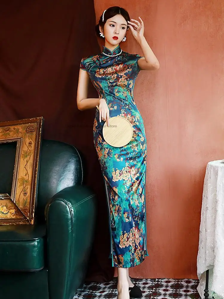 Chinese Stijl Cheongsam Jurk Moderne Oosterse Stijl Vestidos Vinatge Vrouwen Sexy Split Qipao Lady Avondfeest Jurk