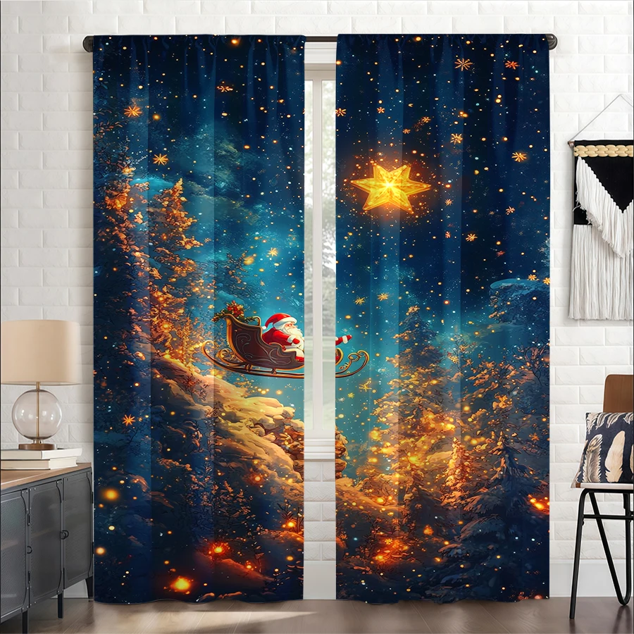 2PCS Christmas Winter Curtains, Starry Sleigh Reindeer, Digital Print, Bedroom Living Room, Rod Pocket, Polyester, Home Decor