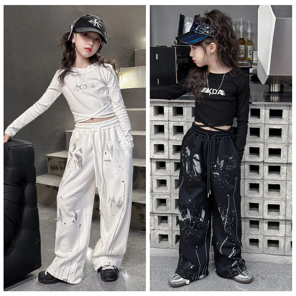 Ragazze Hip Hop Streetwear Crop Top Splash Ink pantaloni larghi bambino lettera t-shirt vestiti set adolescenti Cool Street Dance Jazz Costume