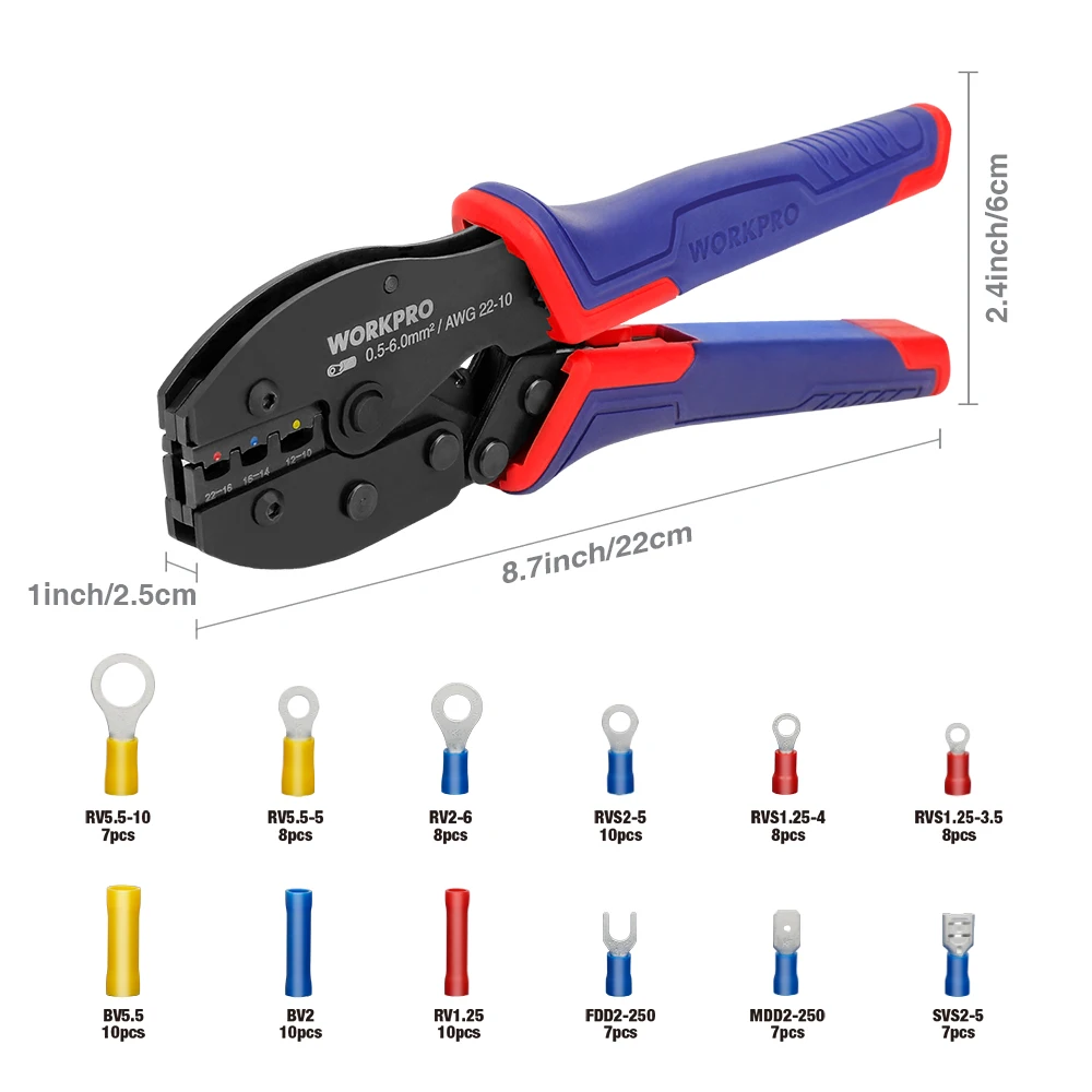 WORKPRO Crimping Pliers Set With 100PC Wire Terminals Crimper Cable Cutter Multifunction Crimping Tool Kit for 22-10AWG