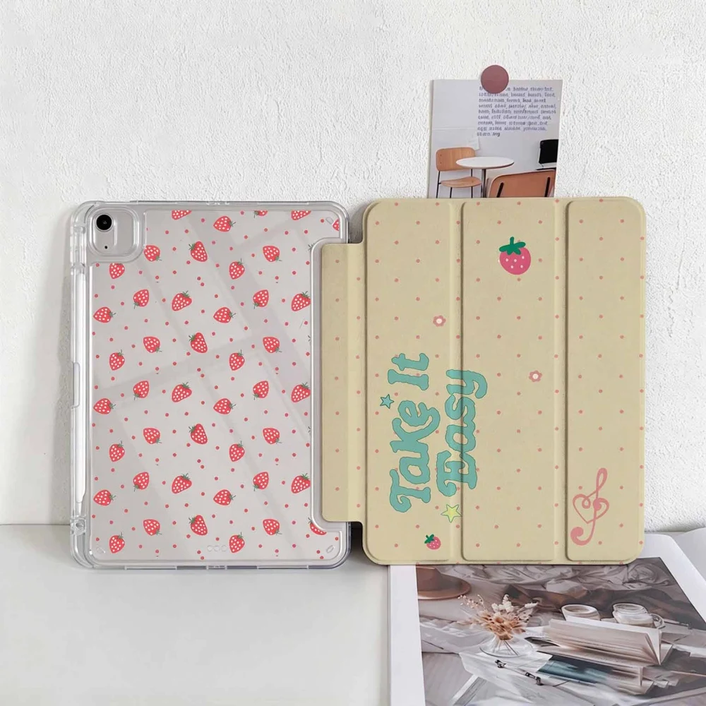 Take It Easy Strawberry For Samsung Galaxy Tab A8 A9 A11 S6 S7 S8 S9 S10 S11 FE Plus Lite With Pen Slot Tablet Case