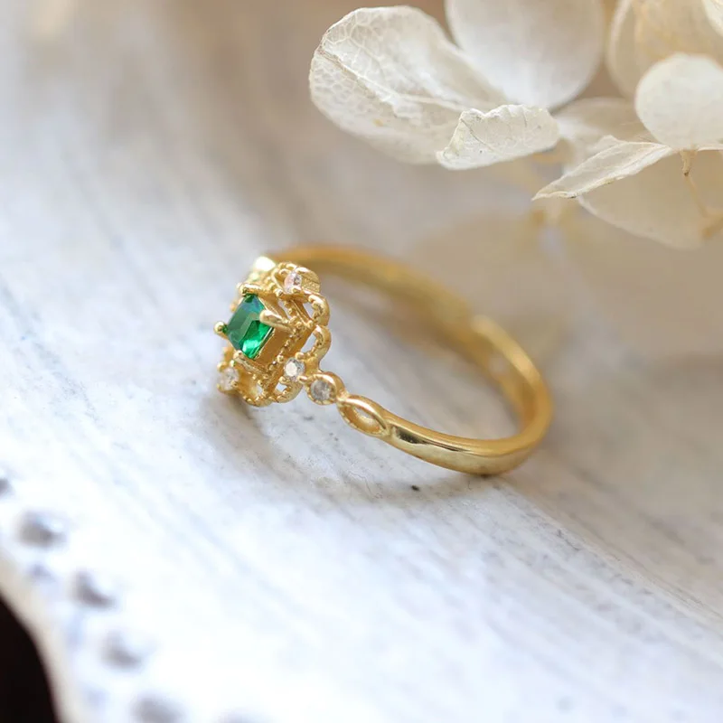 LAMOON 925 Sterling Silver Rings For Women Vingtage Synthetic Emerald Ring Gold Plated Jewelry Wedding Engagement Accessories