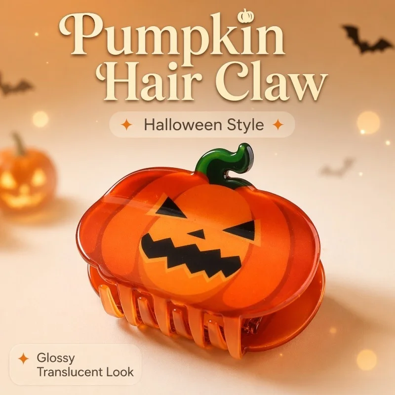 Halloween Pumpkin Face Hair Claw Clip Glossy Translucent Jack-o'-lantern Shark Clip Gothic Spooky Ponytail Holder Adult Women Pa