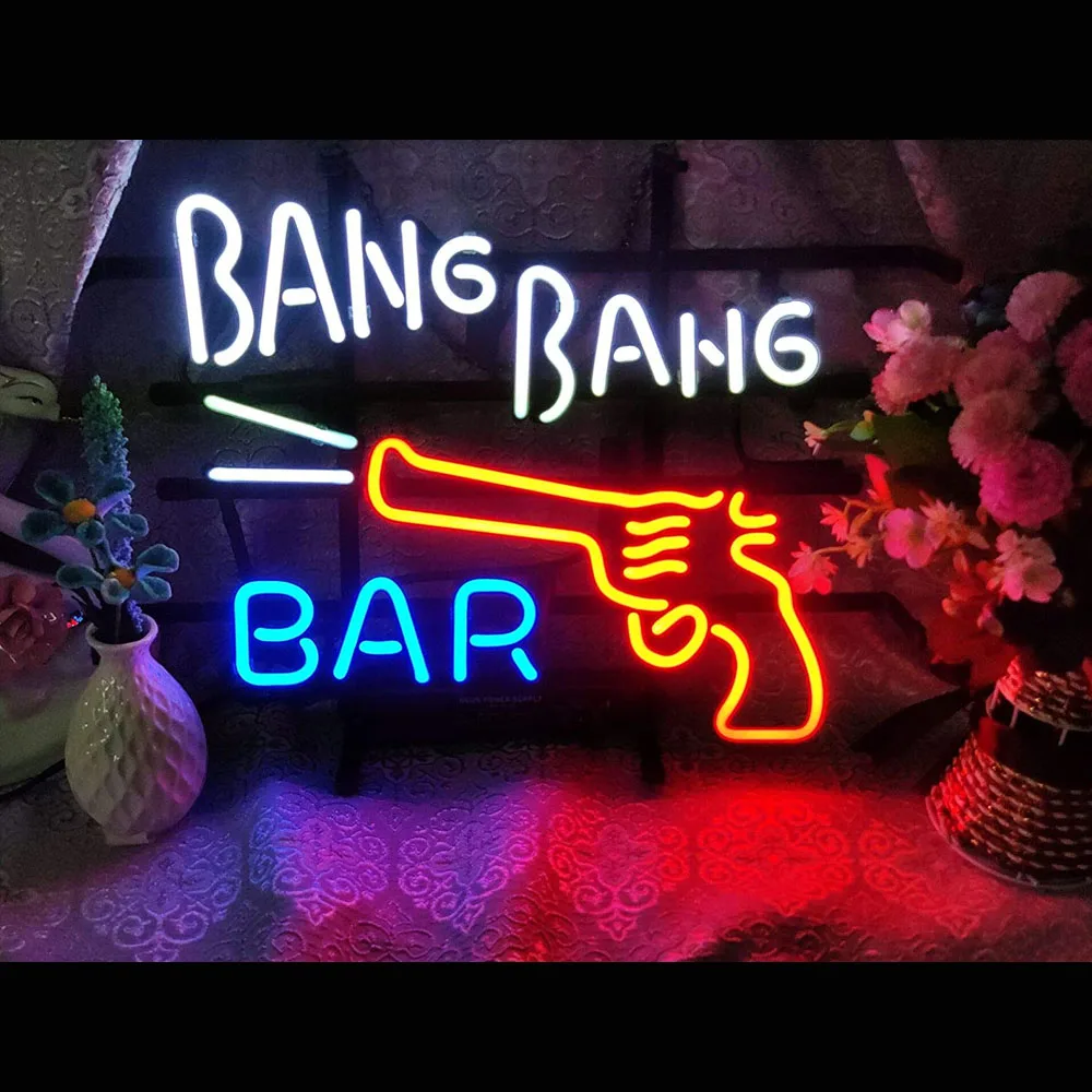 

Bang Bang Gun Bar Neon Light Sign Custom Handmade Real Glass Tube Beer Store Training Advertise Room Decor Display Lamp 17"X14"