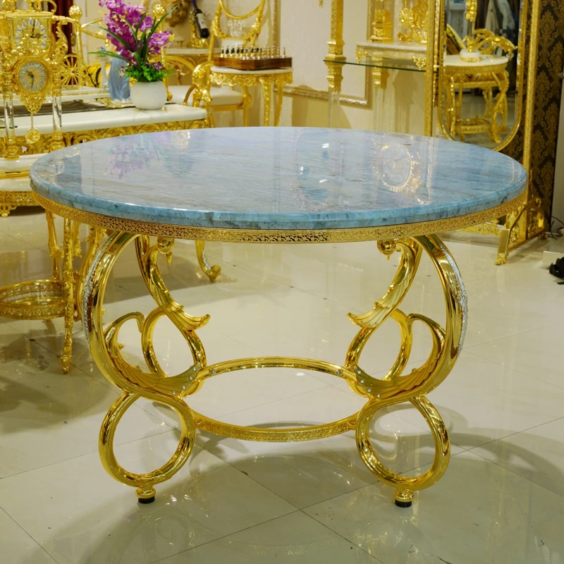 European-style Baroque Metal Furniture, Gold-plated Ice Water Blue Marble 1.3-meter Original Dining Table