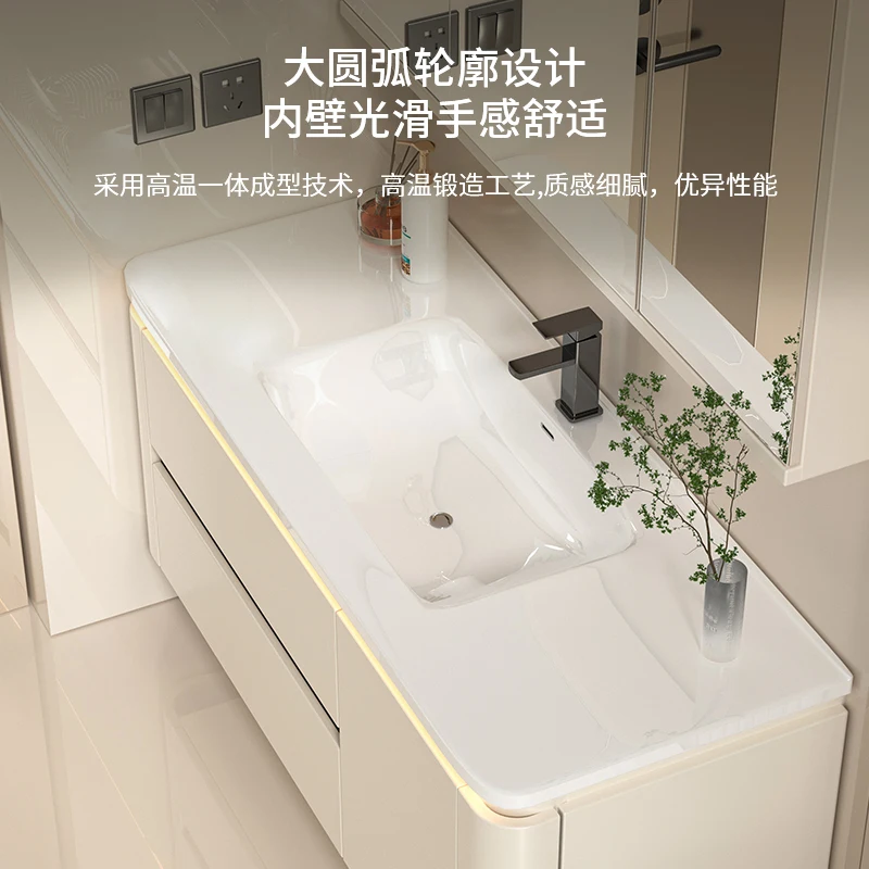 Armario de baño con espejo feng shui plegable, lavabo integrado de cerámica, inodoro de viento crema