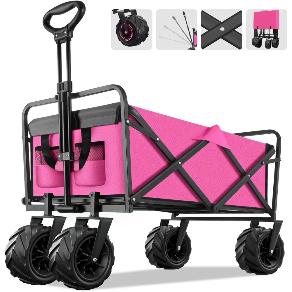 Collapsible Foldable Wagon, Heavy Duty Folding Wagon with 400lbs Weight Capacity, Beach Cart with Big Wheels for Sand, Outdoor